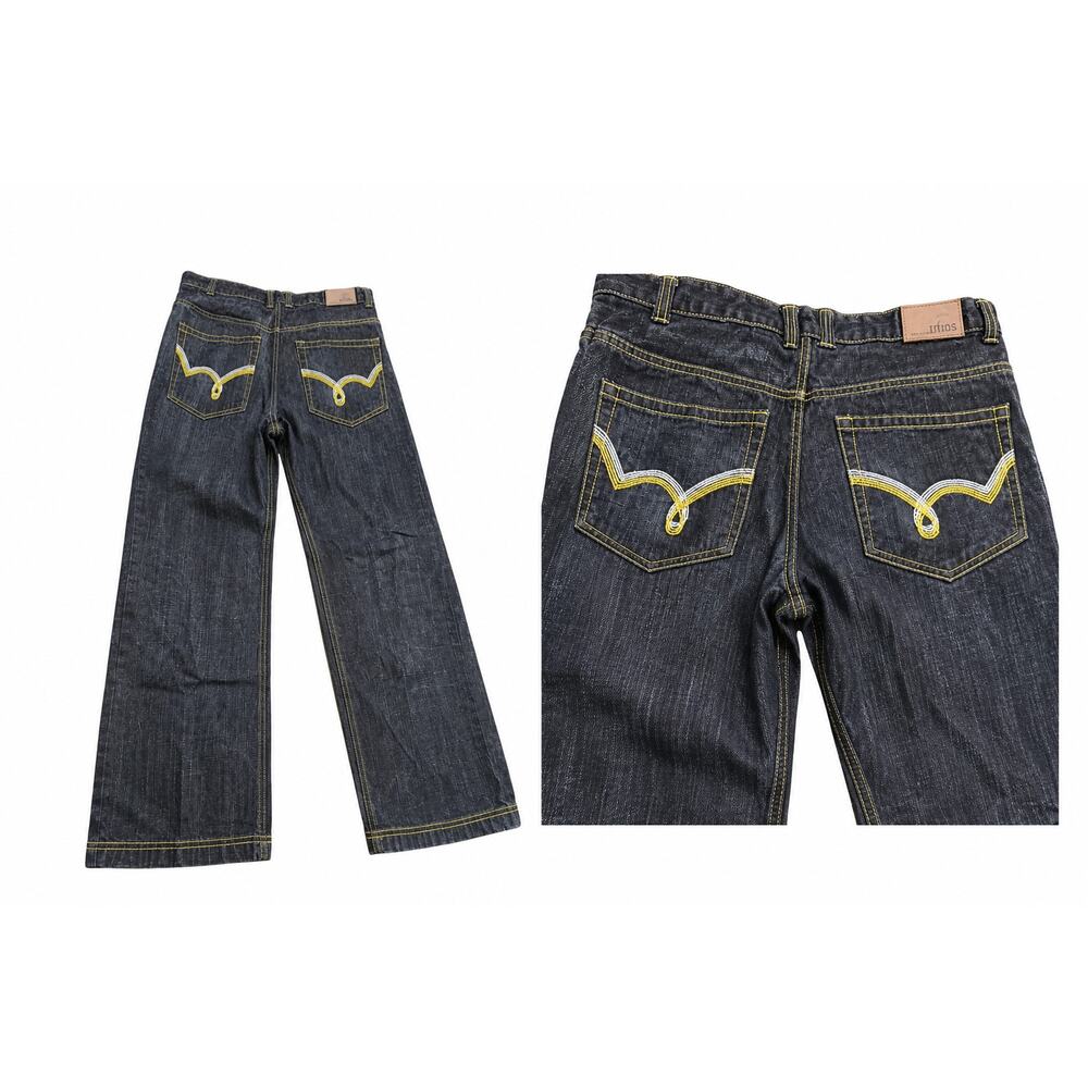 Ubug Wide Leg Jeans Mens 38x34 Dark Wash Y2K Baggy Skater Denim Yellow Stitch